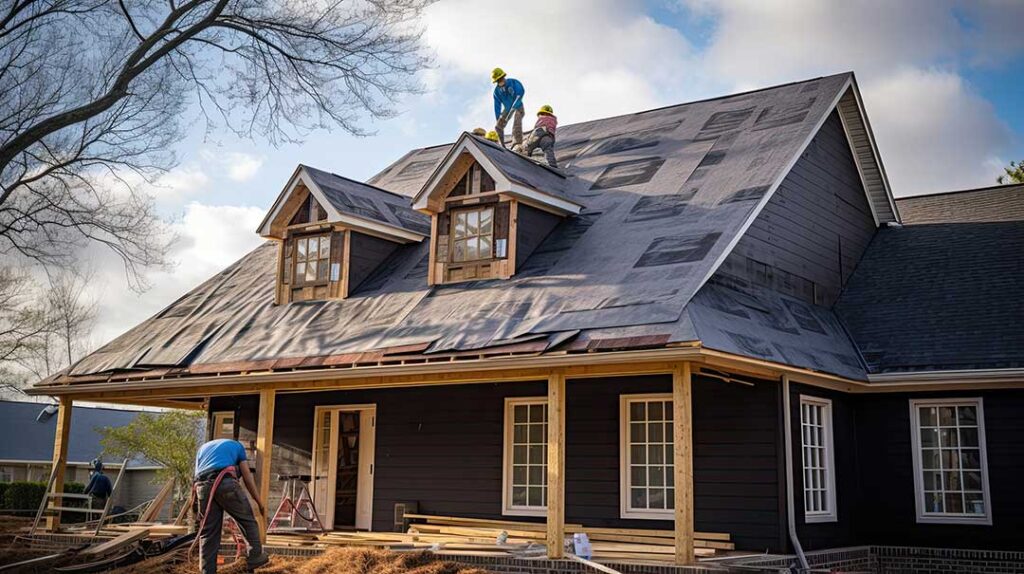A close-up view of a residential roof with visible dark streaks and patches of mold and mildew.